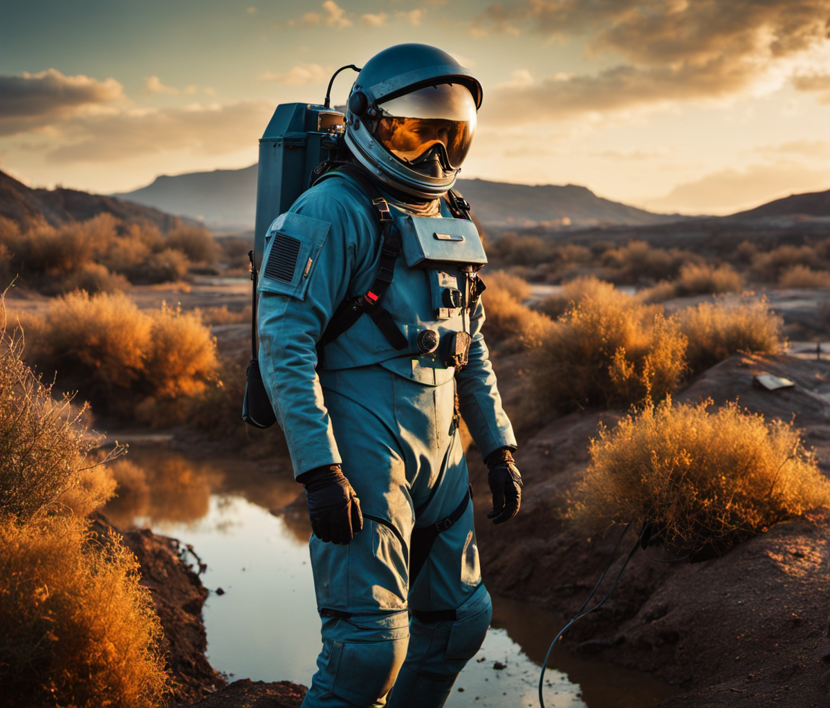 cinematic film still breathtaking scifi, (1 man portrait fullbody adventurous explorer:1.3) looking at  epic mars  desert metal futuristic base, weary dusty blue spacesuit style overall, stains, , architecture overcome with fungi, toxic water pond, overgrown blue vines, grit, old weary texture,(yellow cloudy sky:1.2), mist
 <lora:Overgrown-SDXL-b:0.85> <lora:BarnumAtelier-SDXLa:0.5> <lora:Grit-SDXL:1> <lora:Cloudify-SDXL:0.1> dim light sunset . award-winning, professional, highly detailed . shallow depth of field, vignette, highly detailed, high budget Hollywood movie, bokeh, cinemascope, moody, epic, gorgeous, film grain, grainy