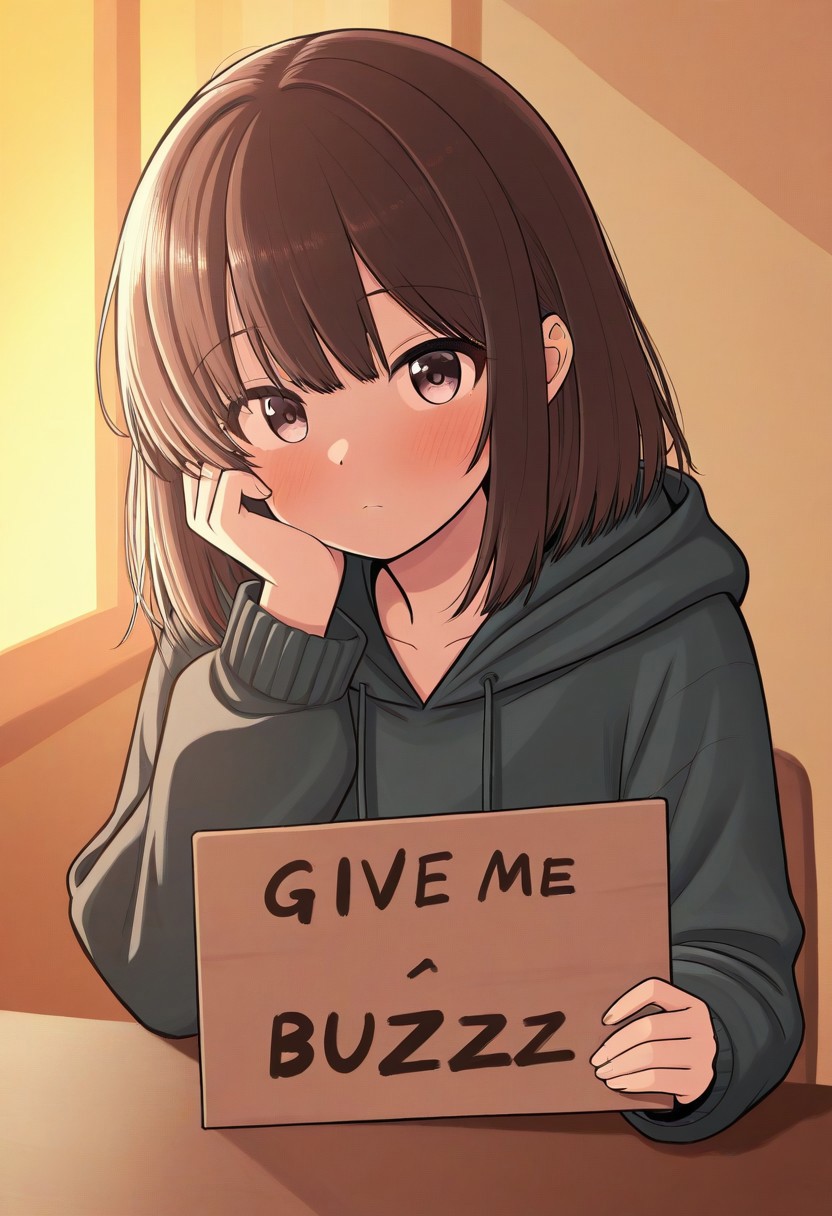 1girl, young girl, sitting at a table, one hand on cheek, (("Give me Buzz.",Beggars Borad,Holding a sign, holding a sign that says, "need buzz for newwork.") looking at viewer, detailed eyes, soft lighting, anime style, warm atmosphere,buzz,mamerakko