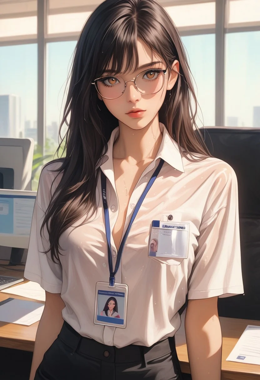 masterpiece,best quality, highly detailed, score_9, score_8_up, score_7_up, score_6_up, source_cartoon, medium shot, 1 girl, fit, beautiful, long wet hair, black hair, detailed face, light brown eyes, Corporate office, tailored white button-up shirt, fitted black trousers, lanyard with ID card & reading glasses