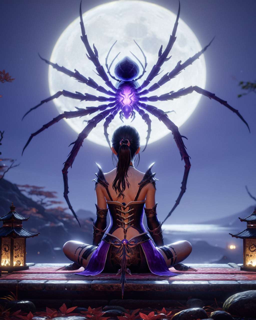 1girl,sitting next to a purple spider,niohxlguardiansprt,WILD,epic,cinematic,128k uhd, <lora:niohxlguardiansprt:1>,raw photo,masterpiece,awardwinning,trending on artstation,intricate details,official art,wallpaper art