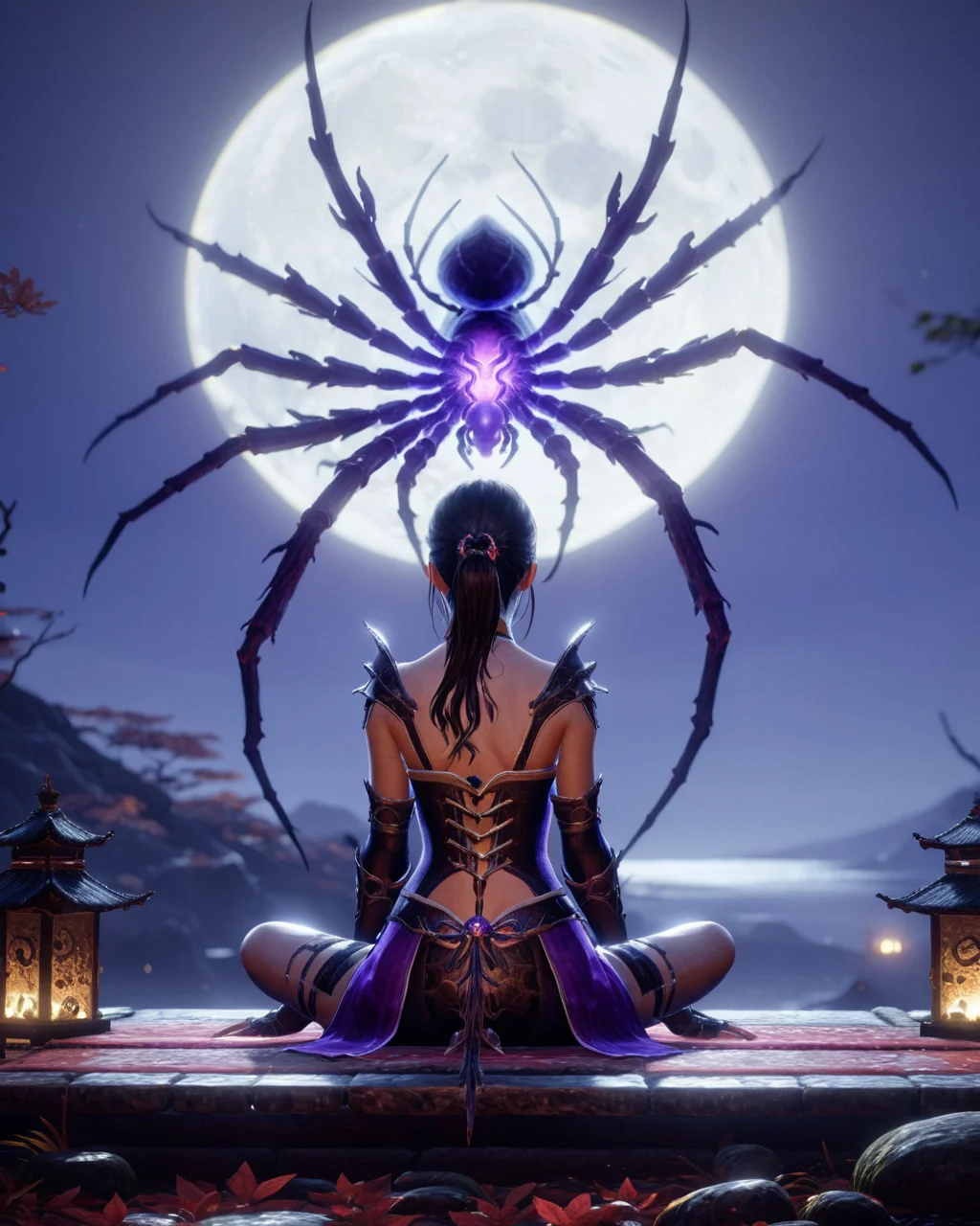 1girl,sitting next to a purple spider,niohxlguardiansprt,WILD,epic,cinematic,128k uhd, <lora:niohxlguardiansprt:1>,raw photo,masterpiece,awardwinning,trending on artstation,intricate details,official art,wallpaper art