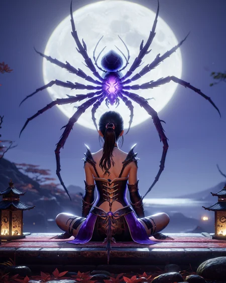 1girl,sitting next to a purple spider,niohxlguardiansprt,WILD,epic,cinematic,128k uhd, <lora:niohxlguardiansprt:1>,raw photo,masterpiece,awardwinning,trending on artstation,intricate details,official art,wallpaper art
