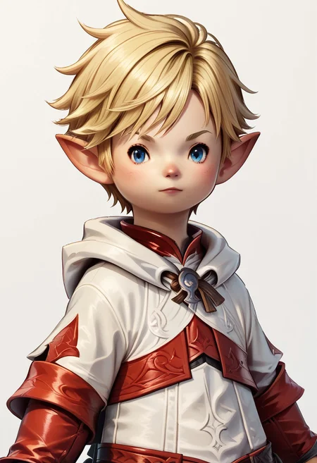 lalatater, solo, pointy ears, blonde hair, white background, simple background, lalafell, upper body, blue eyes, short hair, looking at viewer, 1boy, male focus, white mage, white and red outfit, chibi, BREAK PonyXLV6_Scores