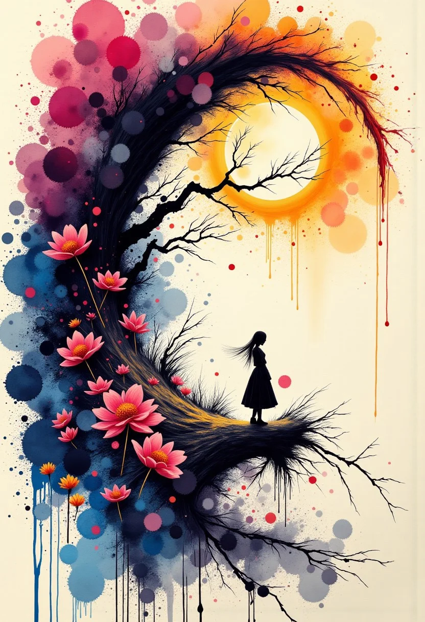 Beneath the cold moon’s gaze, dew-kissed and fragile, Tilt your neck, peer beyond—no path awaits. Blame clings to your skin, her shadow haunting, Yet you sit, love’s prisoner, in silent ache.
Dew descends, pooling on your lap like silver tears, Chilling the heart within, numbing its fragile beat. The wine jars, once brimming with crimson secrets, Now stand empty, their intoxicating dreams drained.
And as dawn tiptoes near, beauty awakens— A fragile dream, spun from moonlight’s threads. But beware, for within its delicate embrace, Tragedy stirs, waiting to shatter your fragile reverie.
ink painting, ink art, splash, traditional media, colorful, scenery, very aesthetic,
epic, majestic, fantasy art, dreamy, perspective, moody, magical,
intricate details, highly detailed, ultra-detailed, absurdres, beautiful, painterly, detailed, textural, artistic, vivid, vibrant,
aidmamj6.1, ink-painting,, ink wash,, ink wash painting,, white background,