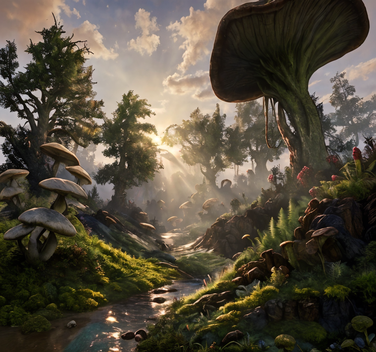 RAW photo, (masterpiece:1.3), subsurface scattering, heavy shadow, (high quality:1.4), (intricate, high detail:1.2), professional photography, HDR, High Dynamic Range, realistic, ultra realistic, photorealistic, high resolution, film photography, ambient lighting, atmospheric effects, <lora:detail_slider_v4:2>, OverallDetail,  <lora:Morrowind:1>,cloud, day, flower, morrowind, moss, mushroom, nature, outdoors, scenery, sky, sunlight, tree, epiCPhoto