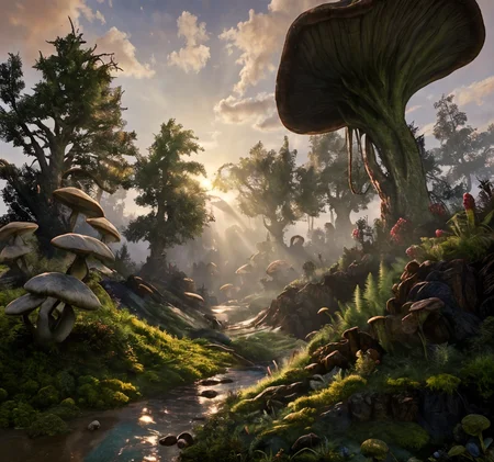 RAW photo, (masterpiece:1.3), subsurface scattering, heavy shadow, (high quality:1.4), (intricate, high detail:1.2), professional photography, HDR, High Dynamic Range, realistic, ultra realistic, photorealistic, high resolution, film photography, ambient lighting, atmospheric effects, <lora:detail_slider_v4:2>, OverallDetail,  <lora:Morrowind:1>,cloud, day, flower, morrowind, moss, mushroom, nature, outdoors, scenery, sky, sunlight, tree, epiCPhoto