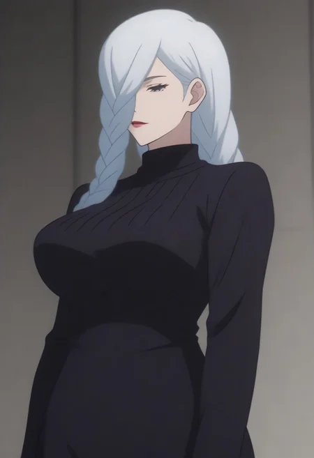 source_anime, anime screencap, source_anime, auratheguillotine, anime screencap, masterpiece, source_anime, shiny skin,,,meimeijjk, source_anime<lora:mei_mei_jjk_v1_pdxl_goofy:1>1girl,, solo,,, long hair, hair over one eye,, braided ponytail, black dress, single braid, huge breasts, white hair,