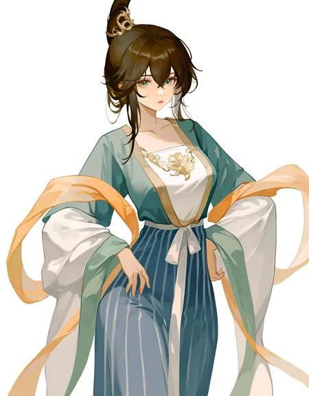 1girl,solo,(white background:1.2),simple background,cowboy shot,shawl,looking at viewer,standing,<lora:huahuibei-000014>,huahuibei,green eyes,hand on own hip,, masterpiece, best quality, very aesthetic, absurdres,newest, incredibly absurdres,