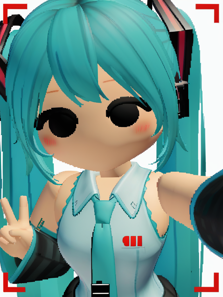 (score_9,score_8_up,score_7_up), source_anime, chibi, 3d, roblox, solid cirle eyes, black eyes, no mouth, 1girl, standing, upper body, (hatsune miku), blush, looking at viewer, elbow out of frame, one hand out of frame, necktie, selfie, closeup, recording, pov, (hands up), v sign,
white background, simple background