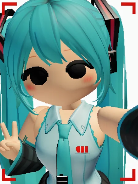 (score_9,score_8_up,score_7_up), source_anime, chibi, 3d, roblox, solid cirle eyes, black eyes, no mouth, 1girl, standing, upper body, (hatsune miku), blush, looking at viewer, elbow out of frame, one hand out of frame, necktie, selfie, closeup, recording, pov, (hands up), v sign,
white background, simple background