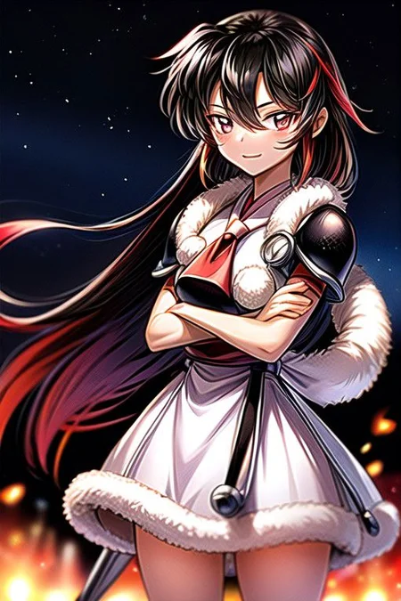 best quality 1girl Setsun4 solo long hair, (night time) forest background black hair very long hair purple eyes multicolored hair armor, small, (fur trim) (medium body),<lora:EMS-179-EMS:0.800000>,<lora:EMS-293862-EMS:0.800000> bow, hair_bow, hair_tubes, red_bow, brown_hair, long_hair, bangs, ascot, frilled_bow, yellow_ascot, blush, smile, hair_between_eyes, athletic, armor, miko, strengthmda, crossed arms,