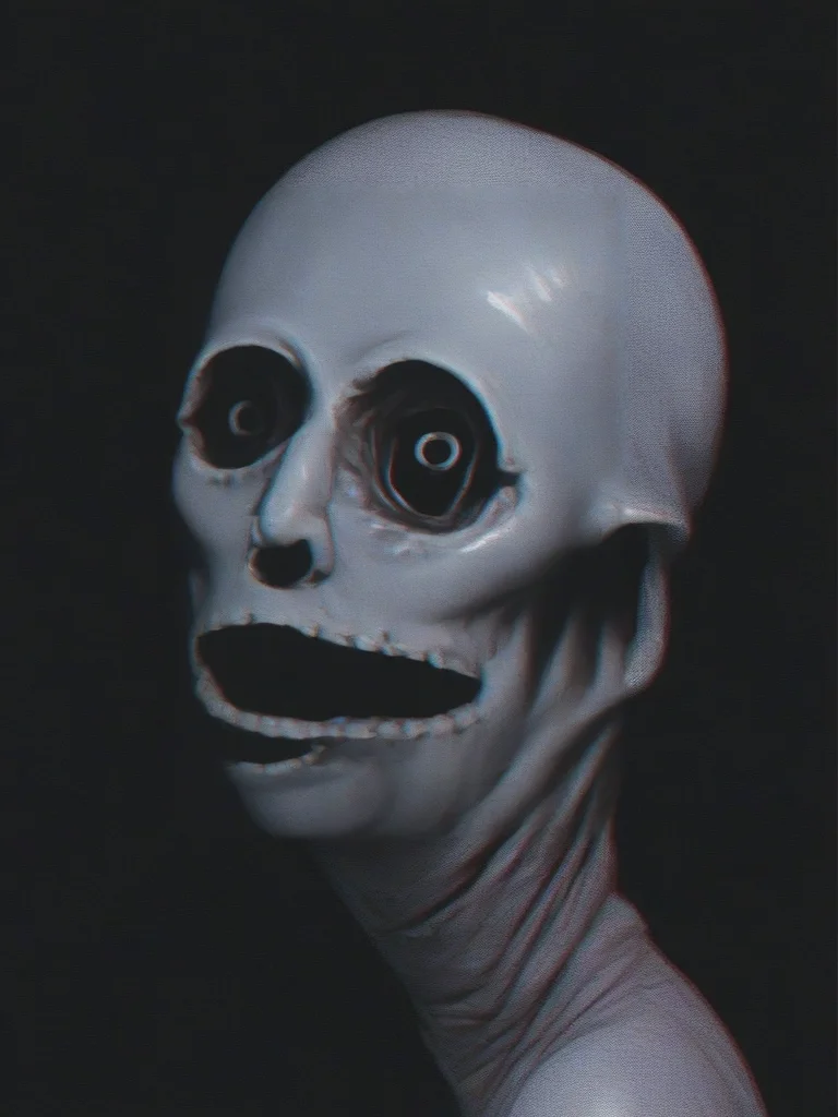 score_9, score_8, side view of analog_horror monster, ((side view)), dark bedroom, hiding, looking at viewer, shiny skin, dark lighting, dark background, horror,  <lora:Analog_Horror_Style_r2:.8>