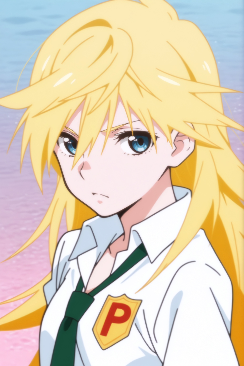 <lora:PantyStoking:0.8>  Shiro, female, blonde hair, yellow hair, blue eyes, upper body, school uniform, white shirt, green tie, red P emblem, P badge, pleated collar, button-up blouse, school blazer, fair skin, serious expression, determined look, flowing hair, spiky hair, portrait shot, chest-up view, shoulder view, anime style
