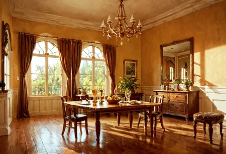 score_9, score_8_up, score_7_up,score_9, score_8_up, score_7_up, scenery, dining room, dining table, chandelier, bay window