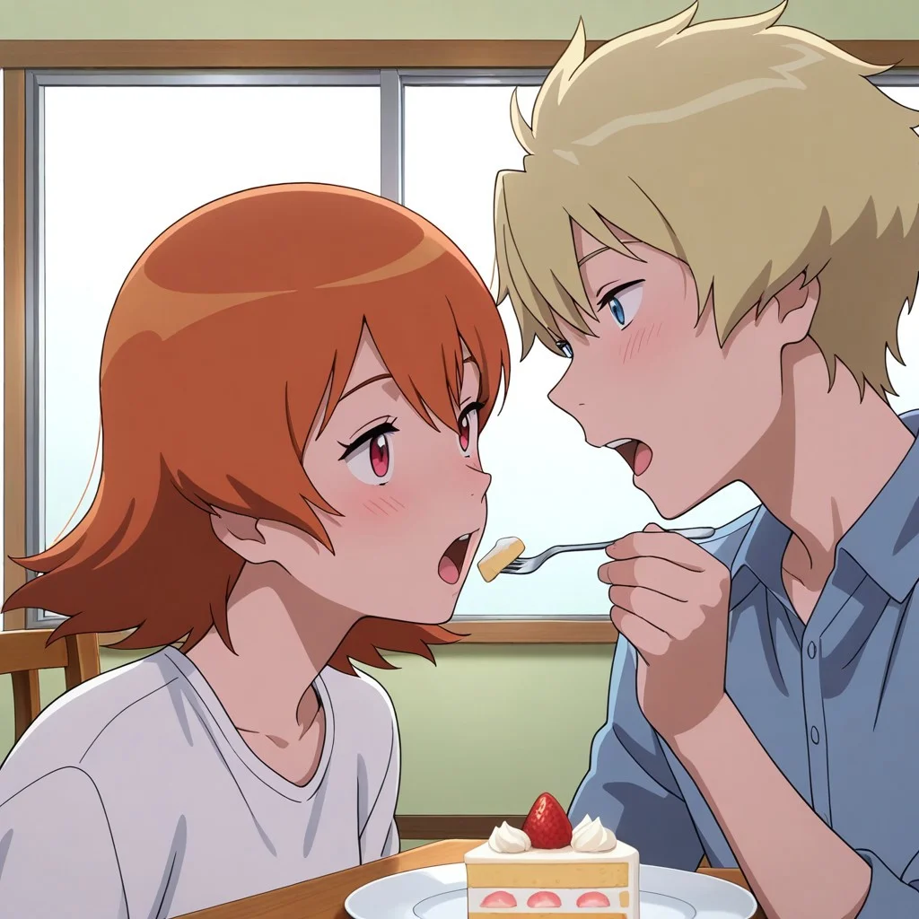 (couple,:1.3),
1girl,sora_takenouchi_tri, orange hair, red eyes,,
1boy,yamato_ishida_tri,blond hair, blue eyes,,
romance,hetero,,
masterpiece, absurdres, newest, perfect quality, best quality, absolutely eye-catching, amazing quality, very aesthetic, high resolution, ultra-detailed,,
feeding,food, open mouth, incoming food,,
cake, plate ,holding fork,,
(wide shot:1.3)