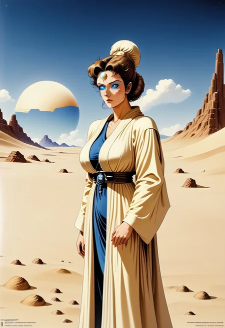 masterpiece, best quality, amazing quality, very aesthetic, high resolution, ultra-detailed, absurdres, solo, ladyj3ssic4, blue eyes, robe, mature female, breasts, hair bun, desert, sand, colored sclera, blue sclera, vintage art style, western comic style, science fiction, retro style,