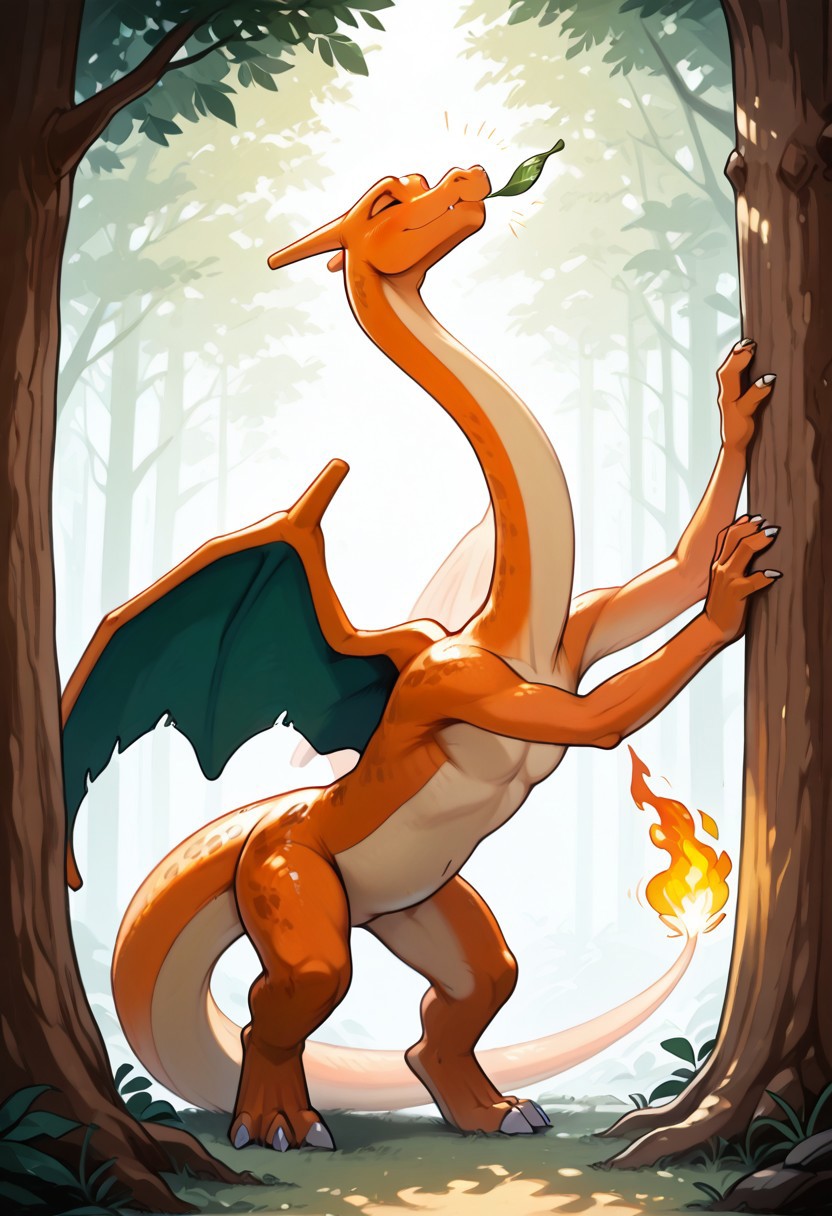 masterpiece, best quality,    Charizard, no humans, solo,   
charizard, giraffe features, dragon, Elongated neck, small body, orange scales, cream underbelly, wings, tail flame, leafy forest, sunlight filtering through trees, reaching up, eating leaves, peaceful expression, standing pose, side view — In a lush, sun-dappled forest, the Charizard-giraffe hybrid stretches its impossibly long neck high into the canopy, nibbling tender green leaves with a slow, contented motion. Its sleek orange scales shimmer under beams of sunlight, while its relatively small dragon body remains balanced on sturdy legs, wings tucked neatly against its sides. The flame at its tail flickers softly in the breeze, casting tiny sparks over the mossy ground. Birds flutter nearby, undisturbed, adding to the serene, timeless feel of the hidden woodland glade.