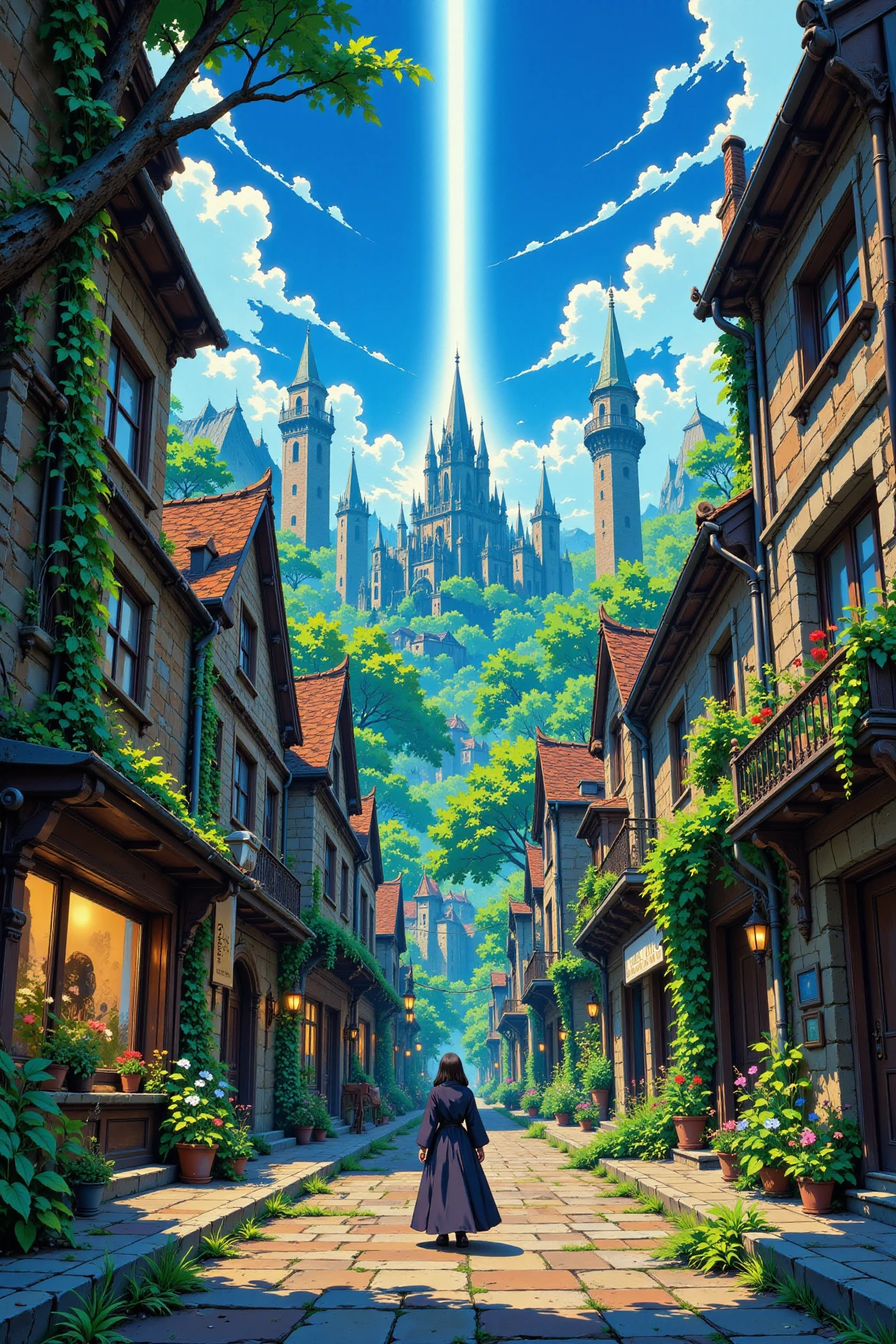a fantasy street with magicians beautiful  landscape, morning, woman, very intricate, very detailed, sharp, bright, colorful, <lora:Hand v2:0.5> <lora:Anti-Blur:1><lora:Insane Detail Slider:0.25>  <lora:flux.1_lora_flyway_Epic-detail_v2:0.3> <lora:fluxenhancer:0.25> <lora:ROWER:0.6> <lora:flux-charmer-v1-1:0.4><lora:Vibrantly_Sharp_style_v.5:0.4> <lora:Anime_style:0.8> anime style