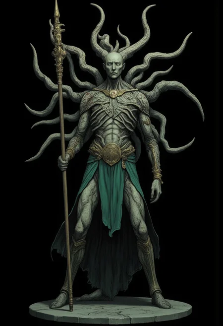 Standing in a hyper stanced extended action pose
a meddle aged bald medieval summoner mage wearing a green sorcerers tunic and a wizards staff made out of wood zbrush
Set against a solid dark black color background to emphasize its unsettling unnatural form that emphasizes its silhouette. The medium is not a traditional painting or illustrative medium like watercolor or ink but rather a digital 3D rendering.
MikeFranchinastyle, d4artstyle, d4concept, , bbstyle,, horror theme,, zbrush, ZBClay model of a gray sculpture, 1990's, 1990's style