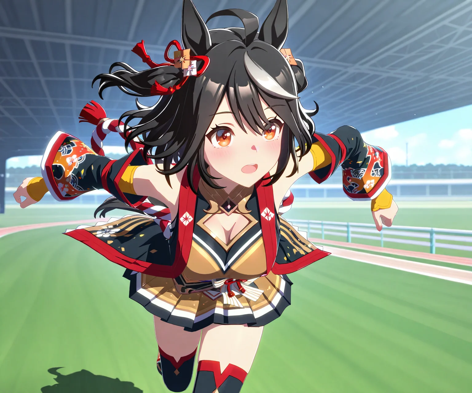 masterpiece, best quality, amazing quality, , 1girl, solo, umamusume, racetrack, running, <lora:Kitasan Black in game style 3D:1> ummsmingame, 3d, kitasan black \(umamusume\)
