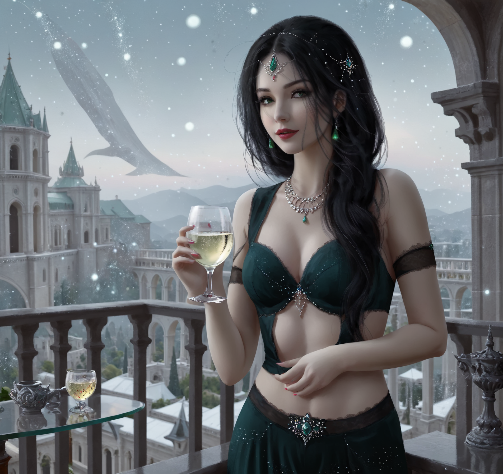 portrait of a beautiful woman, white skin, dark long hair, highly detailed, standing on the balcony  with glass of whine, in the background you can see the palace, the day, flying particles, WLOP_illustration_style,  <lora:WLOP_illustration_style_XL:0.6>