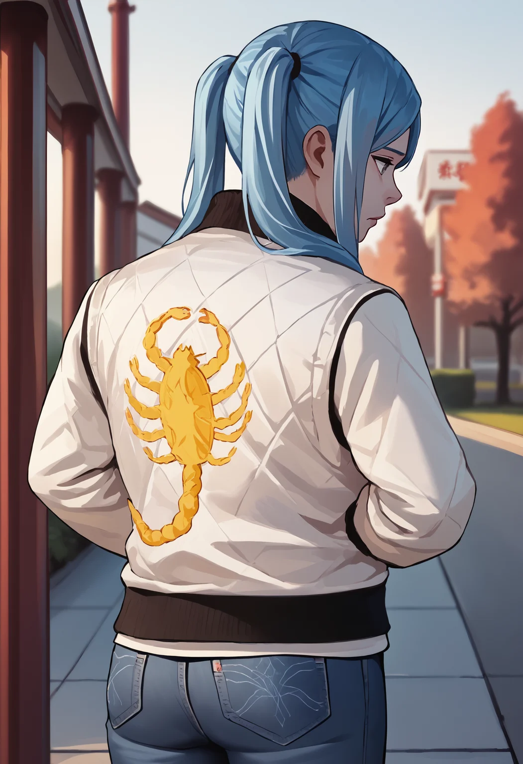 score_9, score_8_up, score_7_up, source_anime BREAK 1girl, solo, <lora:flora-fe-richy-v1_pdxl:0.8> flrrnd, grey eyes, blue hair, long hair, twintails, <lora:drivejacket-outfit-richy-v1_pdxl:1> print jacket, white jacket, from behind, jeans
