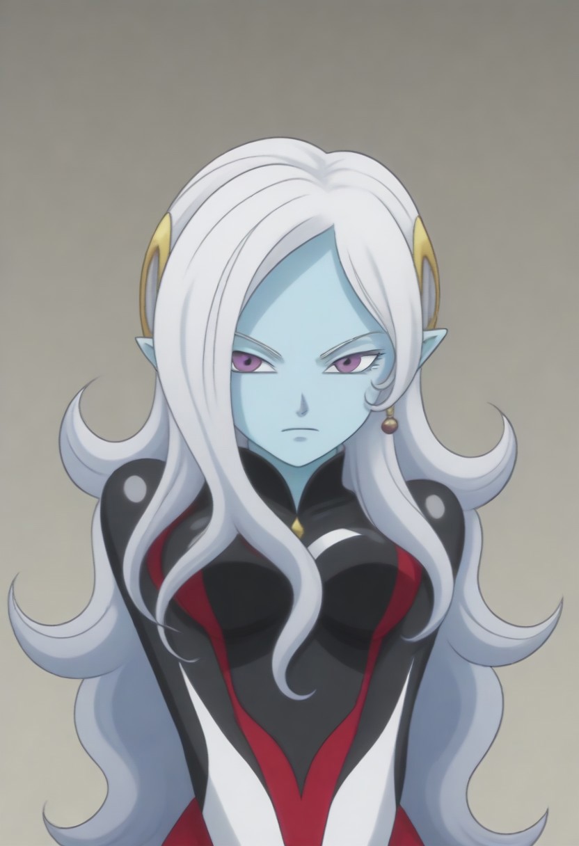 Masterpiece, Top Quality, source_anime, anime screencap, source_anime, auratheguillotine, anime screencap, masterpiece, source_anime, shiny skin,,,,towa(dragon ball), pointy ears, colored skin, blue skin, long hair, purple eyes,white hair, hair ornament, jewelry,