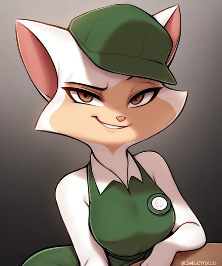 solo, sawyer, female, brown eyes, barista outfit, looking at viewer, smirk, pinup pose, black sky, by smuttysquid,by riska,by crunchobar, <lora:SawyerXL_01-Noob-nd64-lr2-ep24:1>