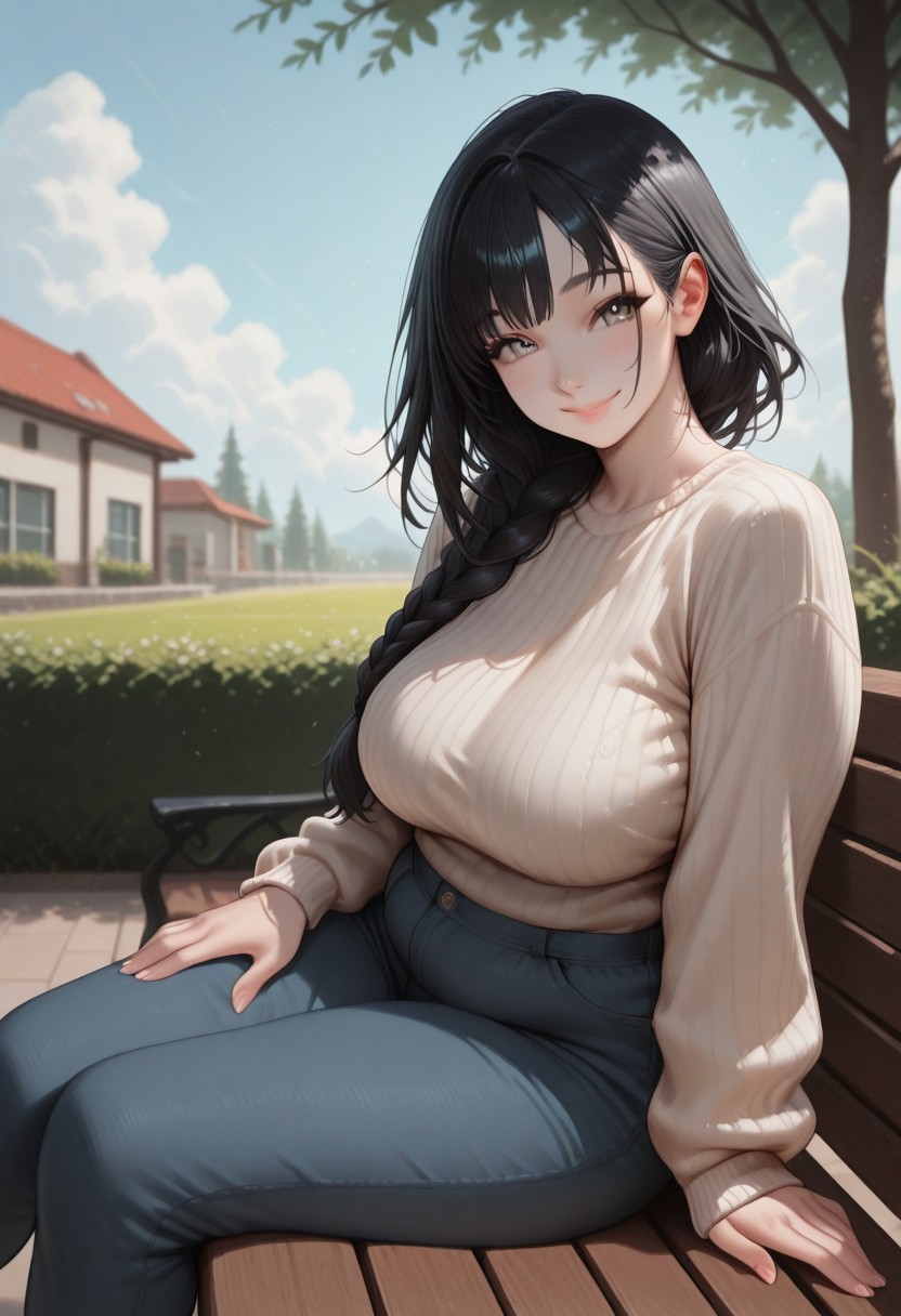 masterpiece, best quality, 32k, high resolution, absurdres, HD32k, 1girl, Sammy, SammyRH, cute face, long braided hair, black hair, grey eyes, detailed eyes, large breasts, chubby, pale skin, aesthetic, solo, detailed, sweater, pants, little smile, shy, sitting on a bench, outdoors, hand on thighs, side view,