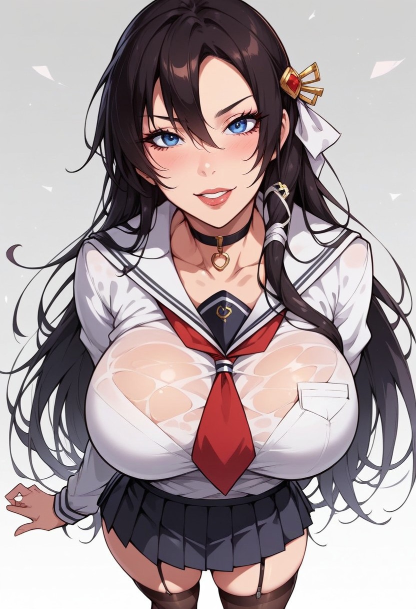 high angle, 
score_8_up, source_anime, (beautiful face, beautiful eyes, detailed eyes, detailed face:1.2),
1girl, solo, girl solo, slobber, hourglass shaped body, curvy figure,
front view, clear background, (black school uniform, skirt, black school suit:1.3),
dynamic standing seductive pose, seductive pose, full body,lewd face, slutty a lot, extream drooling,lewd face, slutty a lot, horny eyes, smug, high waisted thongs, high waisted thongs,
huge ass, huge tits, large ass,
beautiful anime face, detailed anime face,
(wide hips:1.3),
Himekami Lizel, black hair, long hair, blue eyes, large breasts, hair bobby pins, makeup, school uniform, skirt, school suit, stockings with garters, heels, choker,lewd, slutty,