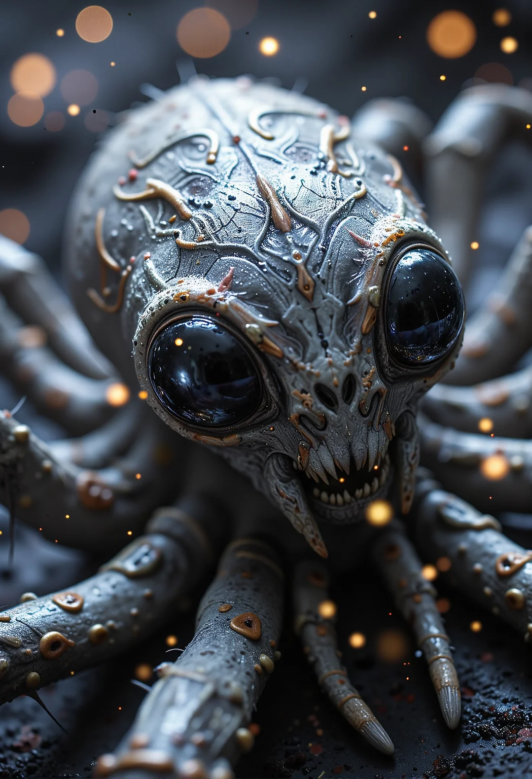 A spider-like alien with eight gleaming black eyes, pale gray skin adorned with symmetrical patterns, and a halo of soft glowing orbs <lora:Dever_Flux_Enhancer.safetensors:0.5>, <lora:black_fantasy.safetensors:0.75>,