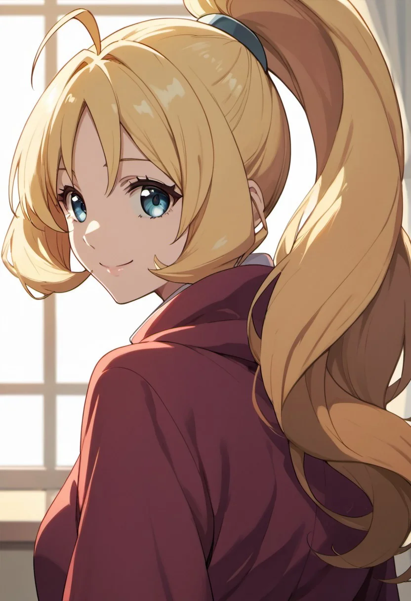 score_9, score_8_up, score_7_up, source_anime, rina rupaage, blonde hair, ponytail, blue eyes, 1girl, solo, smile, long hair, ahoge, looking at viewer, looking back, closed mouth