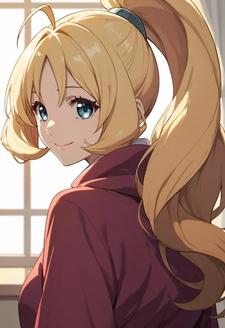 score_9, score_8_up, score_7_up, source_anime, rina rupaage, blonde hair, ponytail, blue eyes, 1girl, solo, smile, long hair, ahoge, looking at viewer,  looking back, closed mouth