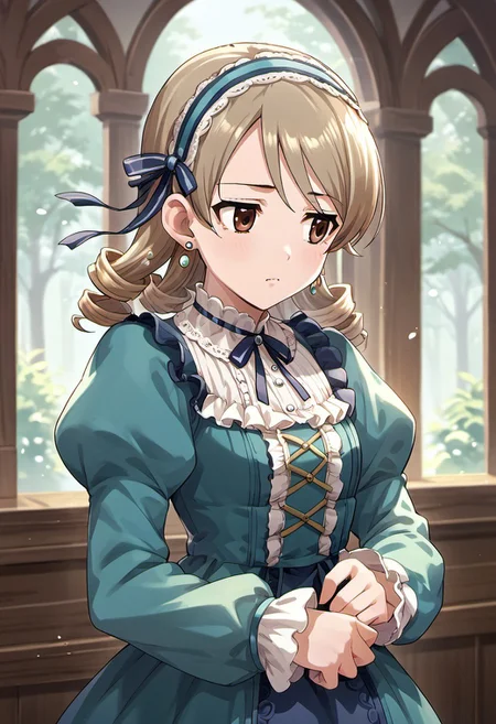 score_9, score_8_up, score_7_up, source_anime, morikubo nono, brown eyes, drill hair, light brown hair, 1girl, solo, dress, hairband,looking away, long sleeves, ribbon, frills, earrings, puffy sleeves