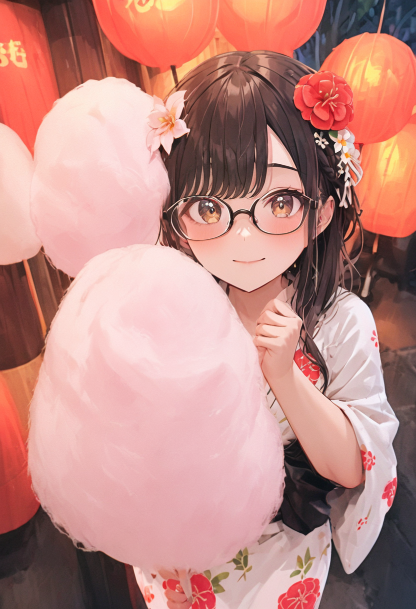 masterpiece, best quality, very aesthetic, absurdres,
cotton candy, 1girl, solo, glasses, black hair, holding, holding food, food, skewer, yukata, floral print, hair flower, braid, night, summer, paper lantern, 
 <lora:wataame_SDXL_V1:1>