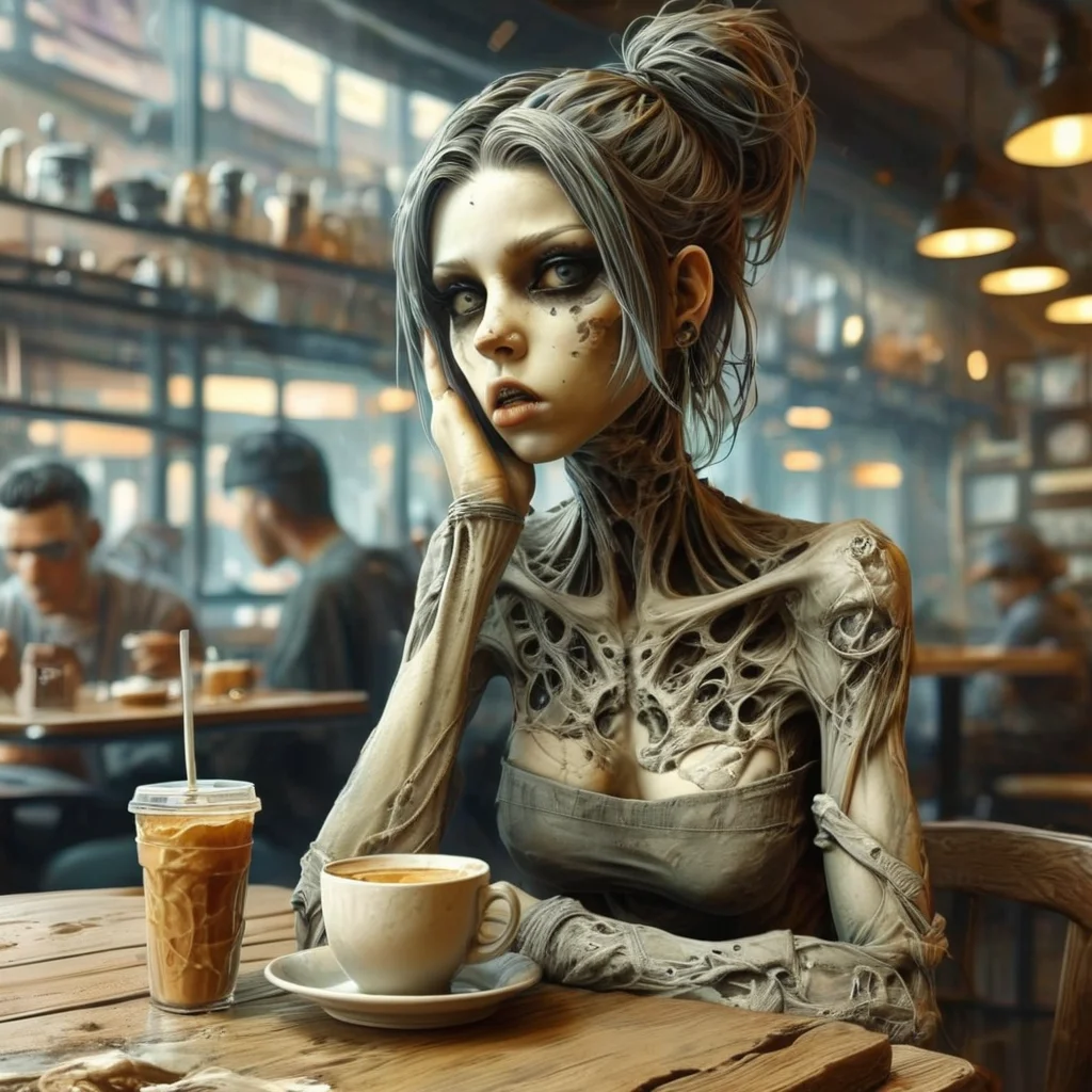 mortishadow girl in a cafe in the background people at tables, very detailed <lora:mortishadow:1>