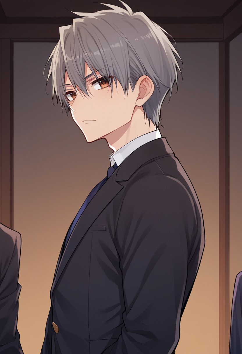 zPDXL3, score_9_up, score_8_up, score_7_up, (Anime_source), 1boy, JunShiosato-artstyle dark eyes, dark grey hair, short hair, black suit, banquet, looking at viewer, from side, cowboy shot