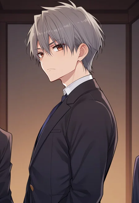 zPDXL3, score_9_up, score_8_up, score_7_up, (Anime_source), 1boy, JunShiosato-artstyle dark eyes, dark grey hair, short hair, black suit, banquet, looking at viewer, from side, cowboy shot