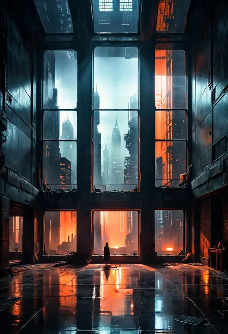 chdmchlwrd, Dark art, Large hall in skyscraper, huge reflecting Window to the ceiling, Rear View, Grey DARK color palette, Point of old orange in the far, 80s DARK dystopian Blade Runner Flair, Lowlight dark Pastel Tone, very Detailed, awesome Quality, reflecting, luminescent, translucent, Ethereal, Aura, Busty naked Motoko Kusanagi, See through dress, Body Silhouette, rainy dystopian Megacity through Window, overslept, shy questioning Look from below, underboob, puffy nipples, giga_busty, Wooly corduroy skirt, high wool stockings, very detailed, uhd, masterpiece, White smoke, light beams through smoke,