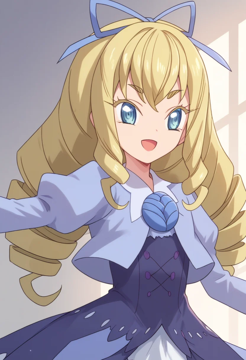 score_9, score_8_up, score_7_up, score_6_up, score_5_up, BREAK
jplaura, blonde hair, long hair, blue eyes, hair ribbon, drill hair, open mouth, thick eyebrows, purple dress, puffy sleeves, smile