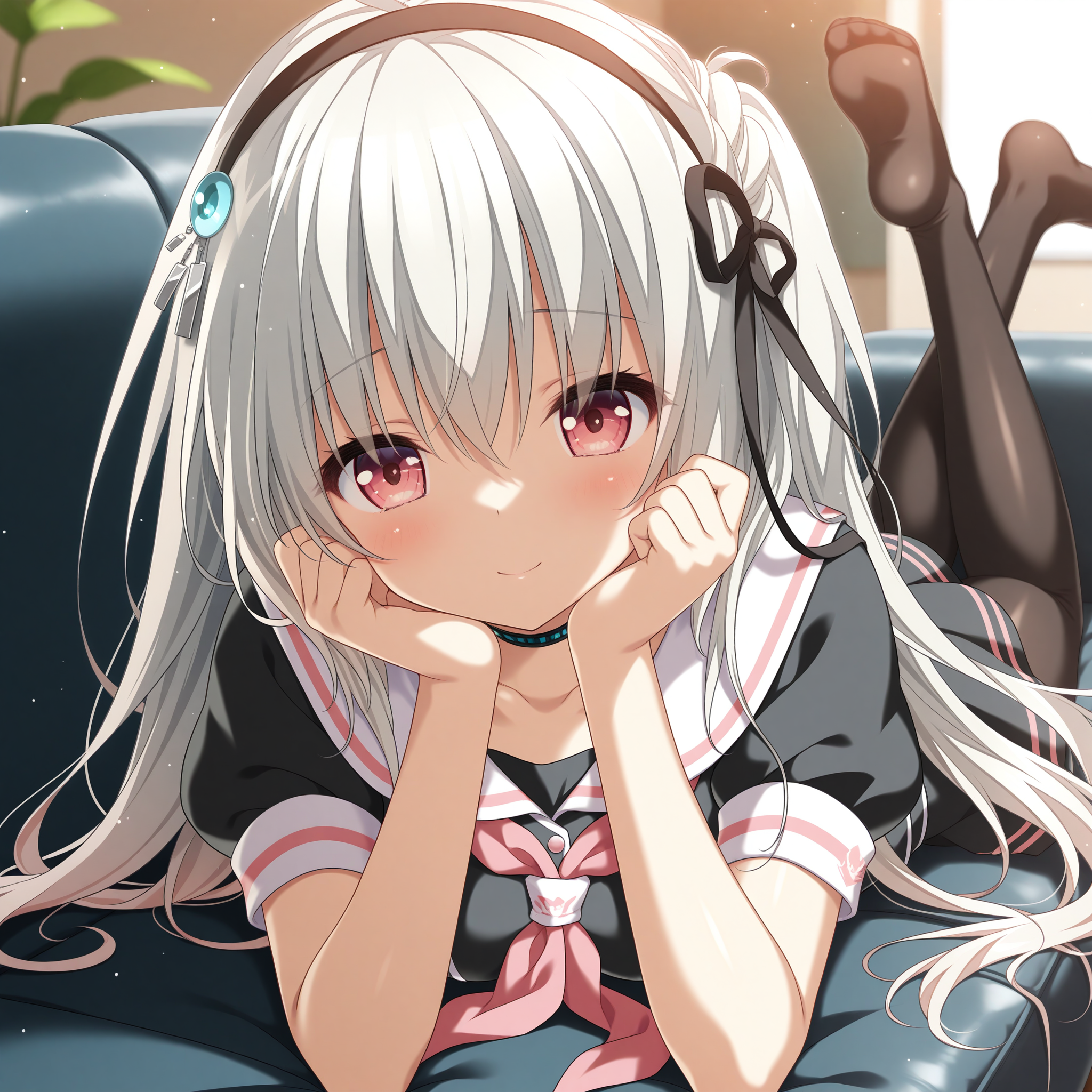<lora:Nanami_Shirone_1_nai-000028:1>,Nanami Shirone,black choker,black hairband,hair ornament,hair ribbon,black ribbon,
school uniform,white sailor collar,black shirt,collared shirt,red neckerchief,puffy short sleeves,black skirt,miniskirt,black pantyhose,
BREAK
1girl,solo,shy,looking at viewer,depth of field,lens_flare,on couch,on stomach,smile,head rest,legs up,face_focus,