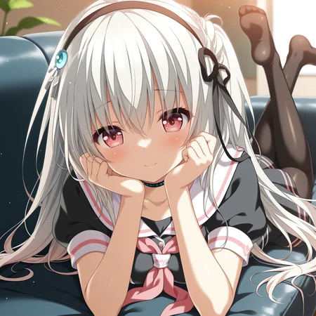<lora:Nanami_Shirone_1_nai-000028:1>,Nanami Shirone,black choker,black hairband,hair ornament,hair ribbon,black ribbon,
school uniform,white sailor collar,black shirt,collared shirt,red neckerchief,puffy short sleeves,black skirt,miniskirt,black pantyhose,
BREAK
1girl,solo,shy,looking at viewer,depth of field,lens_flare,on couch,on stomach,smile,head rest,legs up,face_focus,