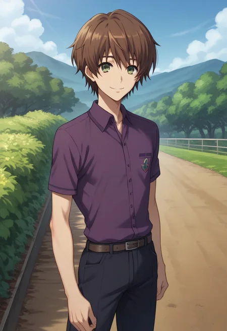 score_9, score_8_up, score_7_up, source_anime, highly detailed,
yuyamochizuki, 1boy, solo, brown hair, green eyes, male focus, polo shirt, purple shirt, pants, short hair, looking at viewer, smile, outdoor,
