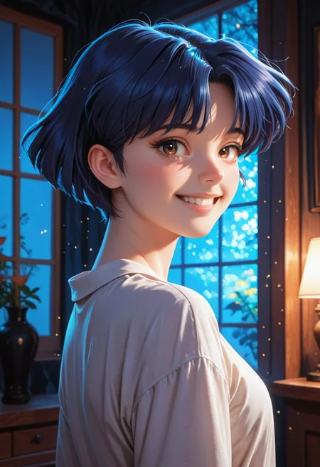 HDR, 8K, high contrast, masterpiece, best quality, amazing quality, very aesthetic, high resolution, ultra-detailed, absurdres, newest, scenery, chiaroscuro, 1girl, solo,akane_tendou, short_hair, blue_hair, brown_eyes, cute smile, teeth, cute eyes, , dim lighting ,looking back at viewer, dark room, face focus, head shot BREAK, photorealistic, beautiful detailed eyes, detailed skin, detailed hair, volumetric lighting, dappled light, light particles, dramatic shadows, cinematic lighting, photo background, <lora:ponyxl\cfg_scale_boost:0.7> h4v_h0l0,