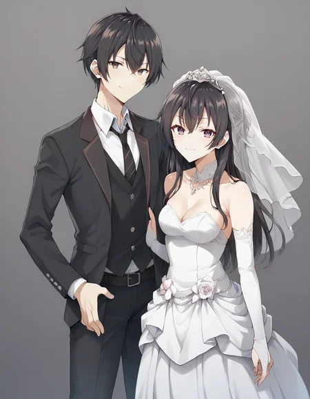 score_9, score_8_up, score_7_up, source_anime, 1girl, 1boy, standing next to each other, simple background, wedding, BREAK
1boy, <lora:masachika_kuze_anime-soralz:0.8>, masachika kuze, short hair, brown hair, hair between eyes, brown eyes, black suit, collared shirt, white shirt, necktie, white long pants, belt, looking at viewer,BREAK
1girl, <lora:yuki_suou_anime_v4-soralz:0.8>, yuki suou, black hair, long hair, half updo, hair between eyes, purple eyes, wedding dress, veil, detached sleeves, bridal gauntlets, smug, looking at viewer,