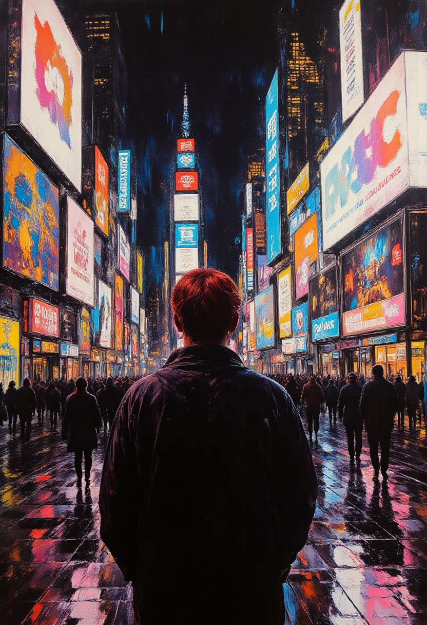 Jujutsu kaisen manga, 4k quality, (Perfect hand),, Abstract PopArt style painting
1male, (young man), 26 years old, caucasian male, solo, blue bright eyes, red shoulder length hair with shaved sides, modern street clothes, round frame sunglasses, 
A  man walking down the streets of new york city. Looking up in the middle of time square at night. Neon lights from billboards surround him.
