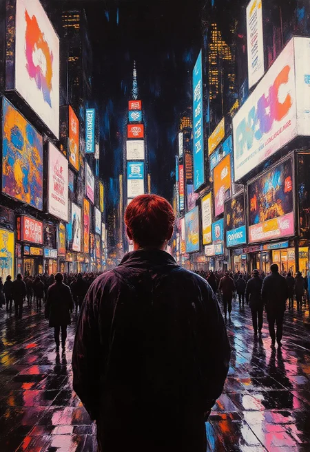 Jujutsu kaisen manga, 4k quality, (Perfect hand),, Abstract PopArt style painting
1male, (young man), 26 years old, caucasian male, solo, blue bright eyes, red shoulder length hair with shaved sides, modern street clothes, round frame sunglasses,
A man walking down the streets of new york city. Looking up in the middle of time square at night. Neon lights from billboards surround him.