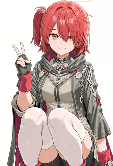 Exusiai the New Covenant, open jacket, one side up, 1girl, solo, white background, simple background, looking at viewer, smile, v, closed mouth, cloak,cloak,white legwear, ,masterpiece,best quality,newest,absurdres,highres,very awa, <lora:None:1.0> <lora:Exusiai_the_New_Covenant_r1:0.9000000000000001> <lora:Butakoma_300g_Style2:1.0>
