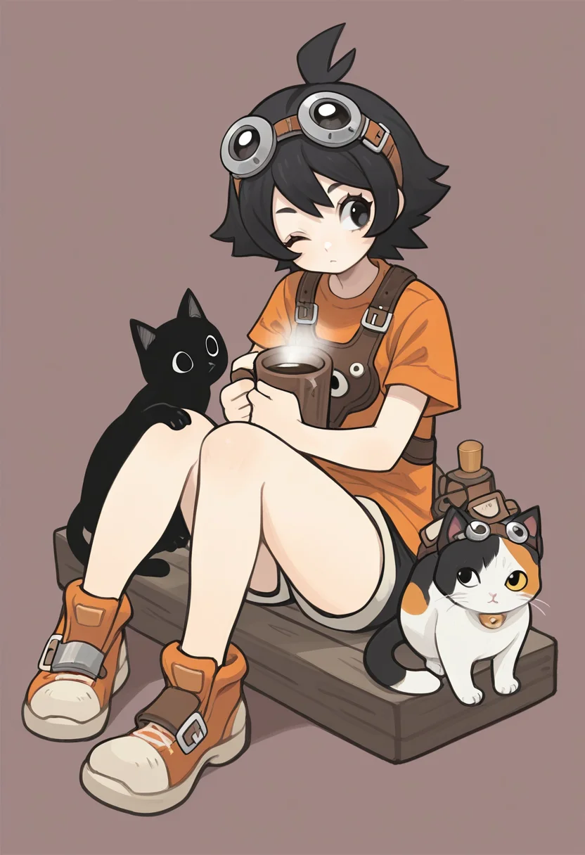 masterpiece, best quality, <lora:Alpaca:1> 4lp4c4, 1girl, goggles, cup, goggles on head, cat, sitting, one eye closed, black hair, simple background, shoes, shirt, black eyes