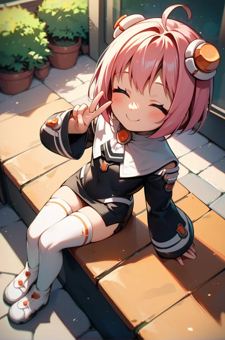score_9, score_8_up, score_7_up, very aesthetic, source_anime, detailed, high quality, beautiful, masterpiece, detailed eyes,
<lora:lightXL:0.7>
city view, sakura tree,
cowboy shot, close up, above angle,
flat chest, smile, both eyes closed, peace sign, blush, sitting,
<lora:momo1_autismConfetti_v01:0.95>
m.o.m.o., 1girl, pink hair, short hair, hair ornament, ahoge, brown eyes,
black dress, short dress, white thighhighs, zettai ryouiki, white footwear, long sleeves,, zPDXL